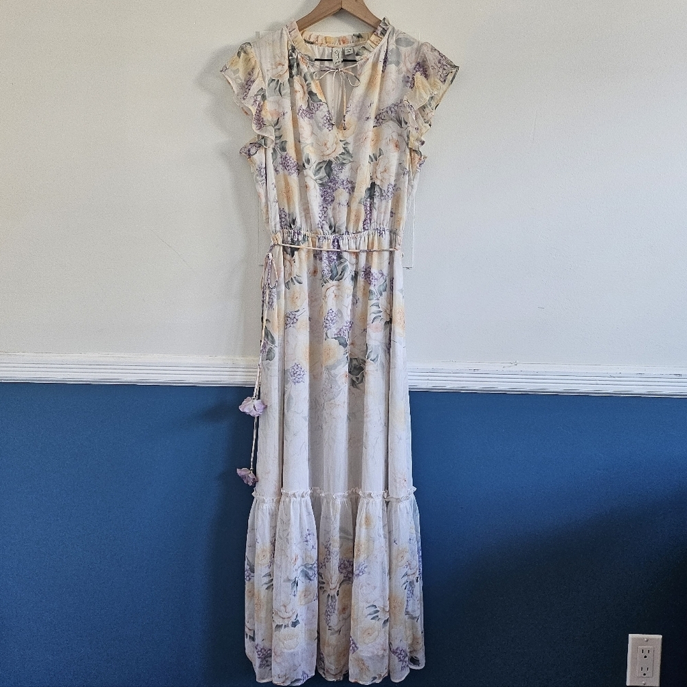 Joie Floral Ombré Maxi Dress XS Boho Tiered Chiffon Tie Neck Lined - Picture 3 of 16